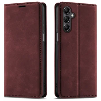 Etui do Samsung Galaxy A14 5G z klapką skórzane Velvet bordowe ze szkłem
