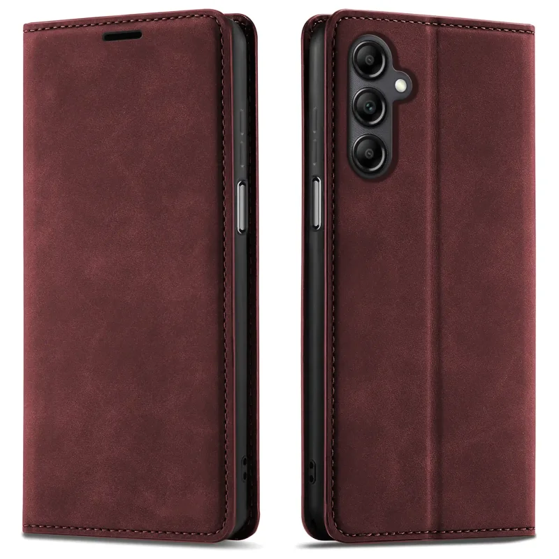 Bordowe etui z klapką Velvet do Samsung Galaxy A14 5G pokazane z przodu i z tyłu, z wycięciem na aparat oraz zamykaną konstrukcją