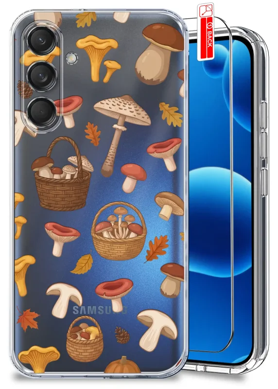 Przezroczyste etui jesienne do Samsung Galaxy M55 5G z nadrukiem grzybów, koszyków i liści oraz szkłem hartowanym 9H