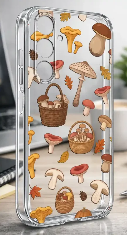 Etui KrainaGSM do Samsung Galaxy M55 5G z jesiennym wzorem grzybów i koszyków widok z boku