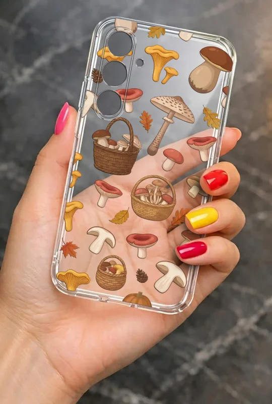 Przezroczyste etui do Samsung Galaxy M55 5G z nadrukiem grzybów, liści i koszyków prezentowane w dłoni