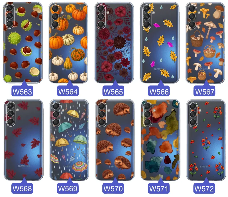 Kolekcja jesiennych etui do Samsung Galaxy M55 5G z kolorowymi wzorami dyni, kasztanów, kwiatów, liści, grzybów i jeży