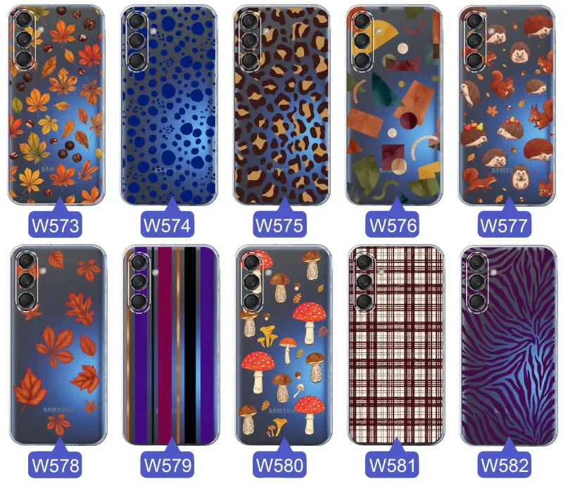 Przezroczyste etui do Samsung Galaxy M55 5G z jesiennymi wzorami: panterka, zebra, krata, paski i jesienne liście