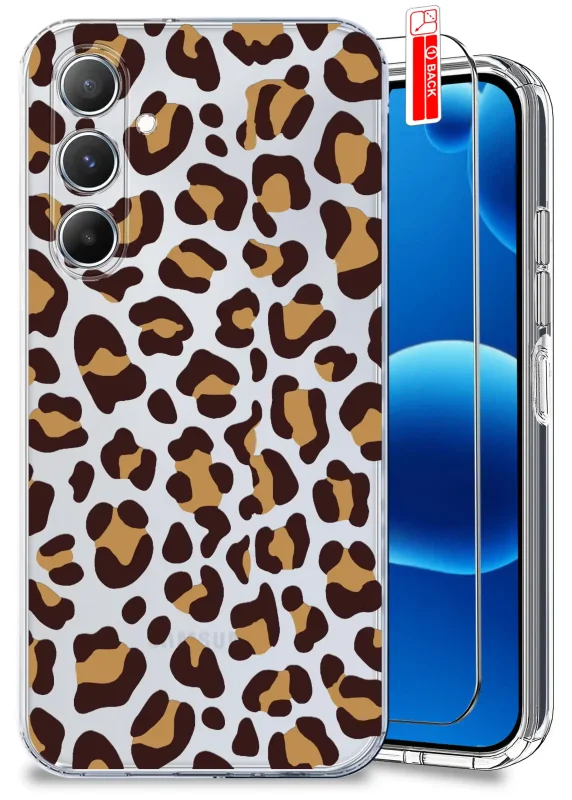 Przezroczyste etui jesienne do Samsung Galaxy M15 5G z brązowo-beżowym wzorem panterki oraz szkłem hartowanym 9H