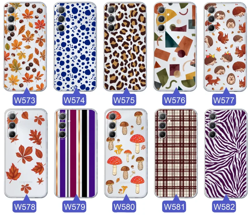 Przezroczyste etui do Samsung Galaxy M15 5G z jesiennymi wzorami: panterka, zebra, krata, paski i jesienne liście