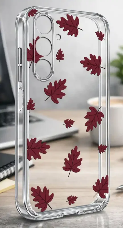 Etui Samsung Galaxy A25 5G 2 mm z jesiennym wzorem bordowych liści na przezroczystej powierzchni