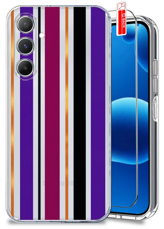 Przezroczyste etui jesienne do Samsung Galaxy A15 5G z pionowymi pasami w kolorach fioletu, burgundu, czerni i pomarańczu oraz szkłem hartowanym 9H