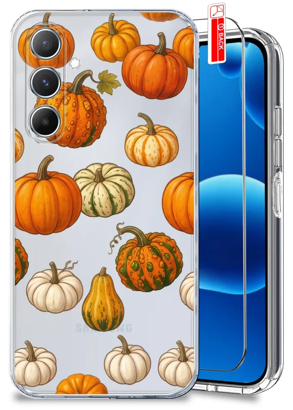 Przezroczyste etui jesienne do Samsung Galaxy A05s z nadrukiem pomarańczowych, kremowych i zielonych dyń oraz szkłem hartowanym 9H