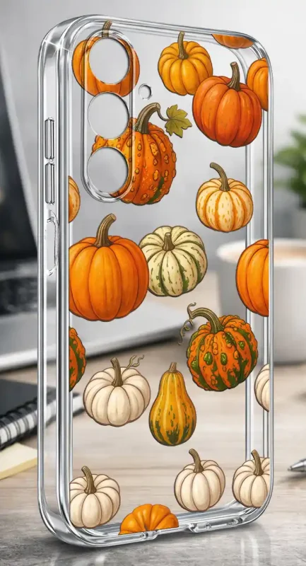 Etui Samsung Galaxy A05s 2 mm z jesiennym wzorem różnych dyń na przezroczystej powierzchni