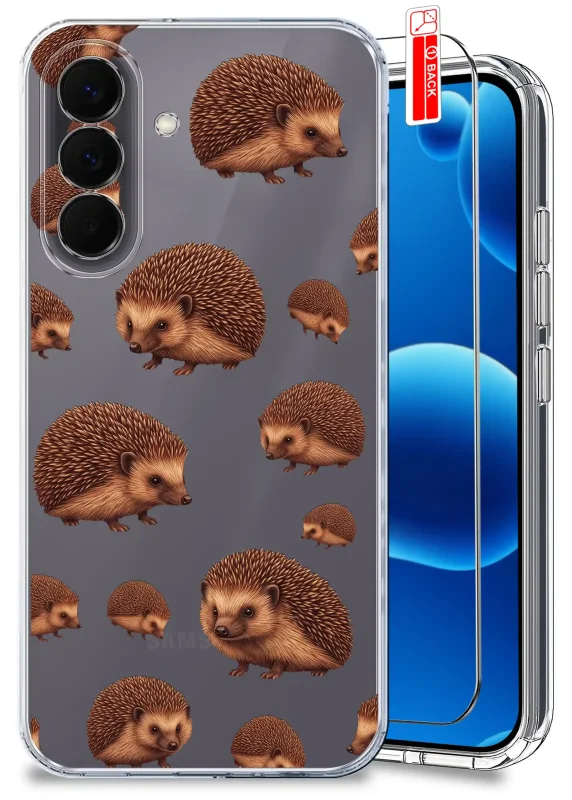 Przezroczyste etui jesienne do Samsung Galaxy A57 5G z nadrukiem brązowych jeży oraz szkłem hartowanym 9H