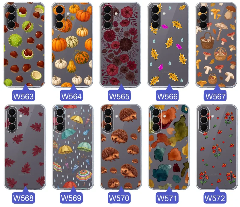 Kolekcja jesiennych etui do Samsung Galaxy A57 5G z kolorowymi wzorami dyni, kasztanów, kwiatów, liści, grzybów i jeży