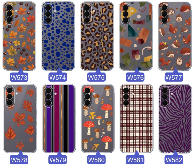 Przezroczyste etui do Samsung Galaxy A57 5G z jesiennymi wzorami: panterka, zebra, krata, paski i jesienne liście
