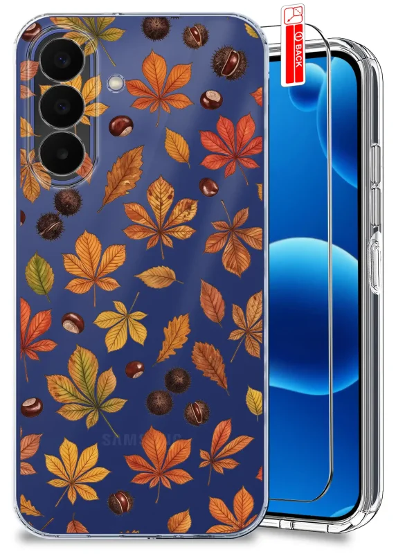 Przezroczyste etui jesienne do Samsung Galaxy A27 5G z nadrukiem kolorowych liści i kasztanów oraz szkłem hartowanym 9H
