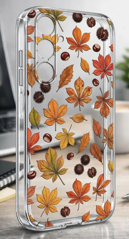 Etui Samsung Galaxy A27 5G 2 mm z jesiennym wzorem liści i kasztanów na przezroczystej powierzchni