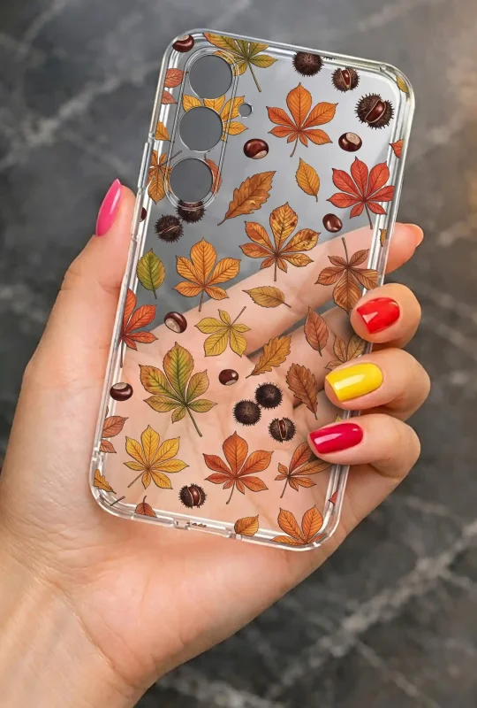 Przezroczyste etui do Samsung Galaxy A27 5G z motywem jesiennych liści i kasztanów prezentowane w dłoni