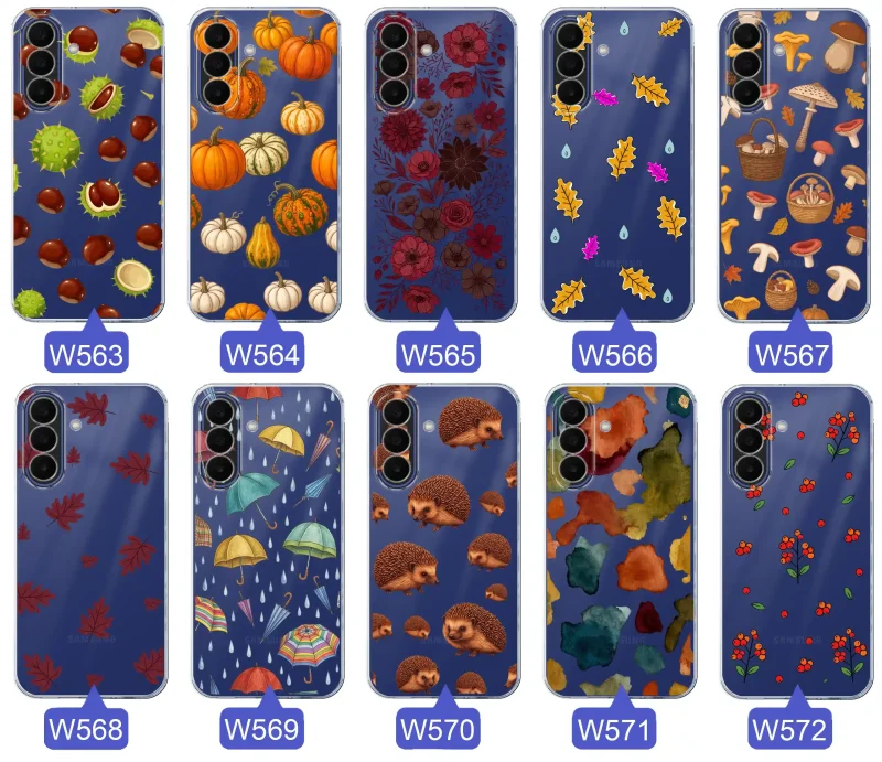 Kolekcja jesiennych etui do Samsung Galaxy A27 5G z kolorowymi wzorami dyni, kasztanów, kwiatów, liści, grzybów i jeży