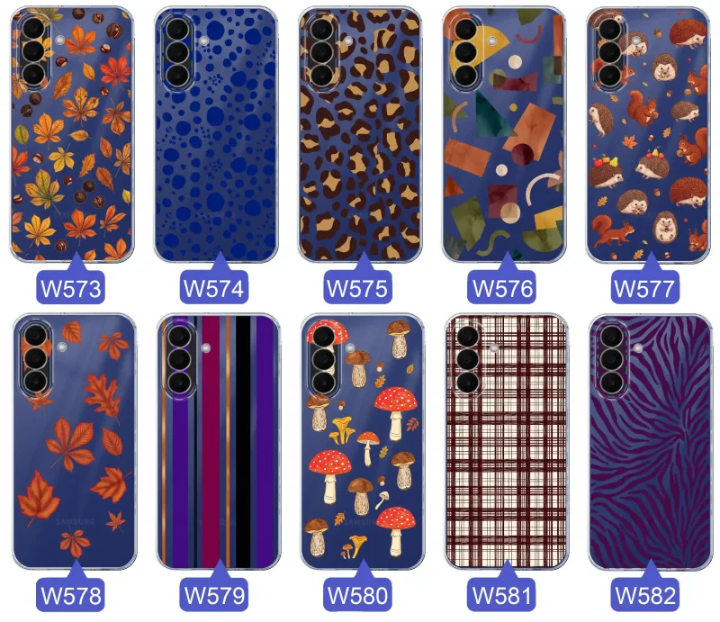 Przezroczyste etui do Samsung Galaxy A27 5G z jesiennymi wzorami: panterka, zebra, krata, paski i jesienne liście