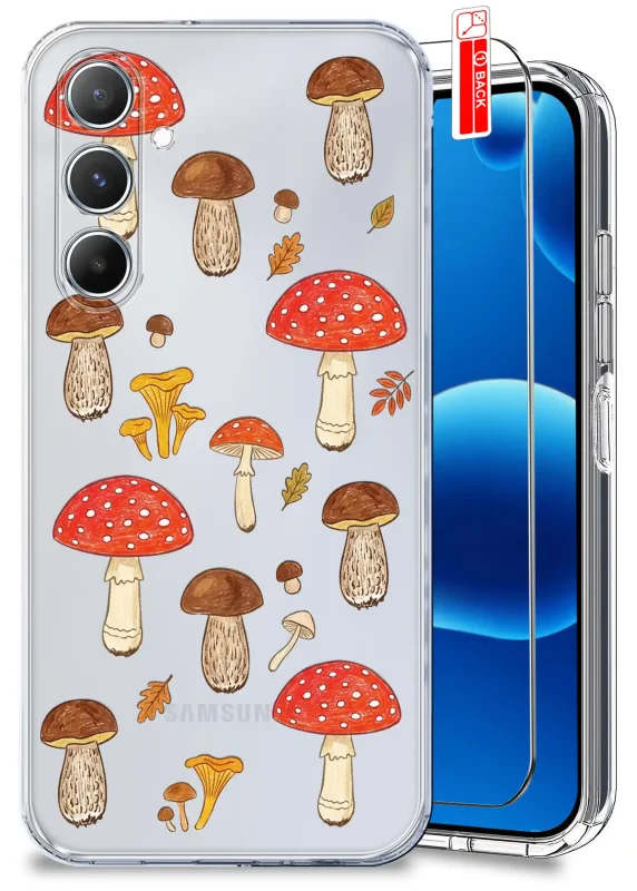 Przezroczyste etui jesienne do Samsung Galaxy A14 5G z nadrukiem muchomorów, borowików i kurek oraz szkłem hartowanym 9H