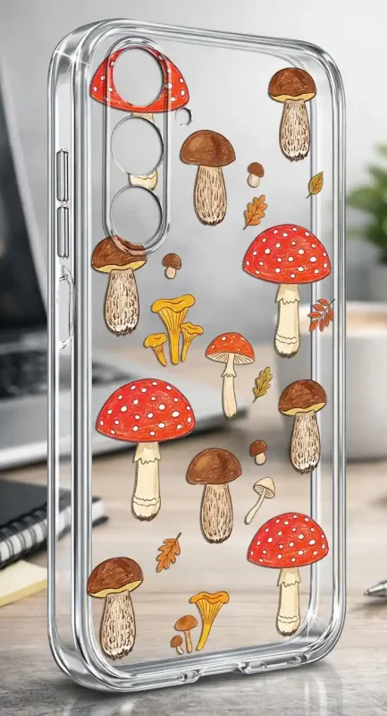 Etui Samsung Galaxy A14 5G 2 mm z jesiennym wzorem grzybów i drobnych liści na przezroczystej powierzchni