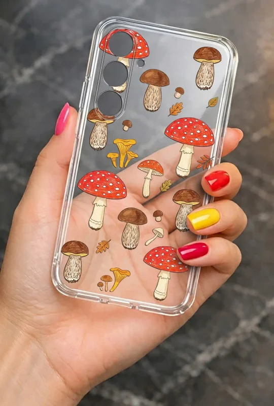 Przezroczyste etui do Samsung Galaxy A14 5G z jesiennym motywem grzybów prezentowane w dłoni
