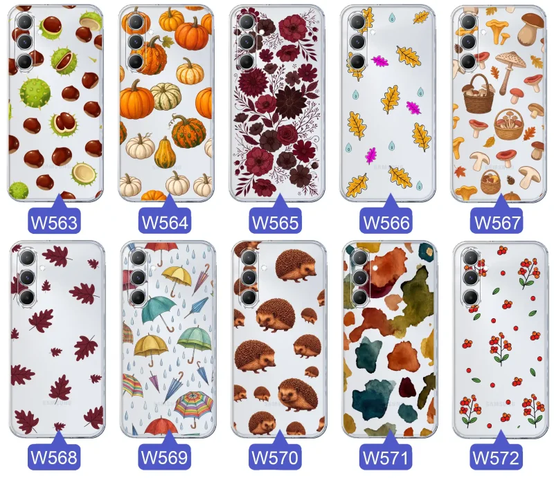 Kolekcja jesiennych etui do Samsung Galaxy A16 5G z kolorowymi wzorami dyni, kasztanów, kwiatów, liści, grzybów i jeży