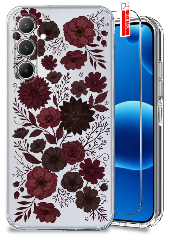 Przezroczyste etui jesienne do Samsung Galaxy A34 5G z bordowym i brązowym motywem kwiatów oraz szkłem hartowanym 9H
