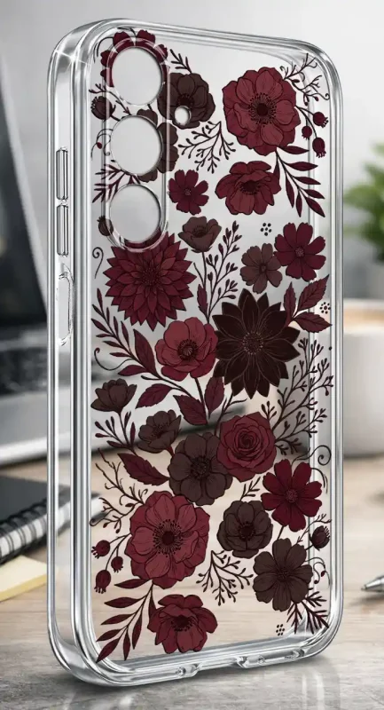 Etui Samsung Galaxy A34 5G 2 mm z jesiennym wzorem kwiatowym w odcieniach bordo i brązu na przezroczystej powierzchni