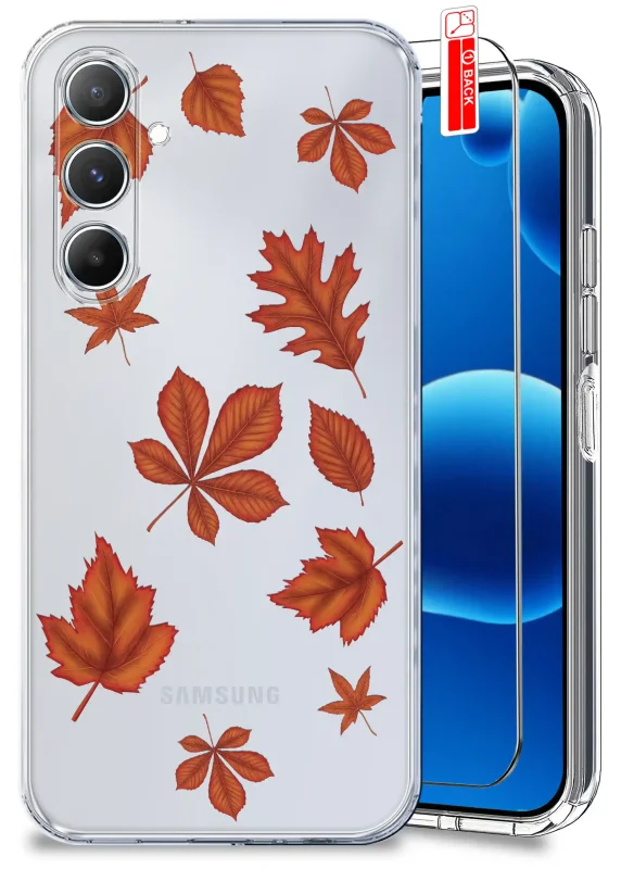 Przezroczyste etui jesienne do Samsung Galaxy M35 5G z nadrukiem pomarańczowych i czerwonych liści oraz szkłem hartowanym 9H