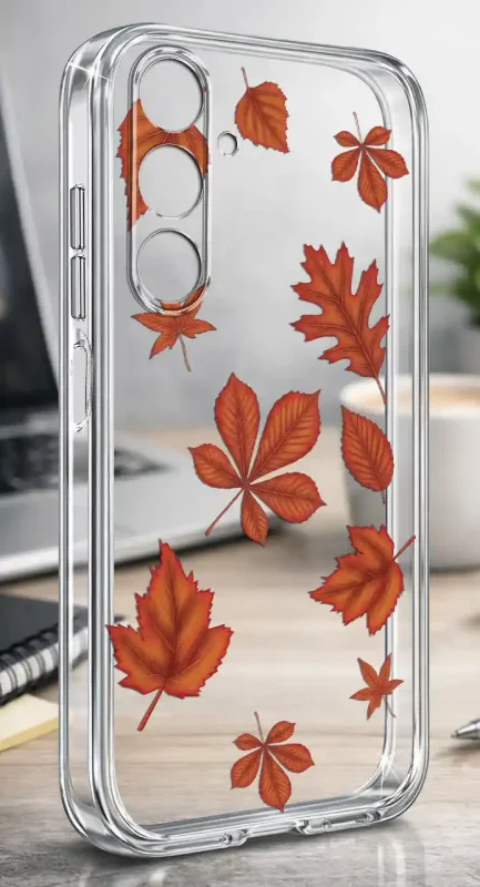 Etui Samsung Galaxy M35 5G 2 mm z jesiennym wzorem liści w ciepłych pomarańczowych odcieniach na przezroczystej powierzchni