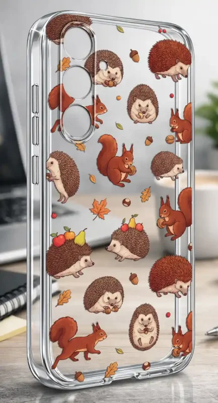 Etui Samsung Galaxy S25 2 mm z jesiennym wzorem jeży, wiewiórek, liści i żołędzi na przezroczystej powierzchni