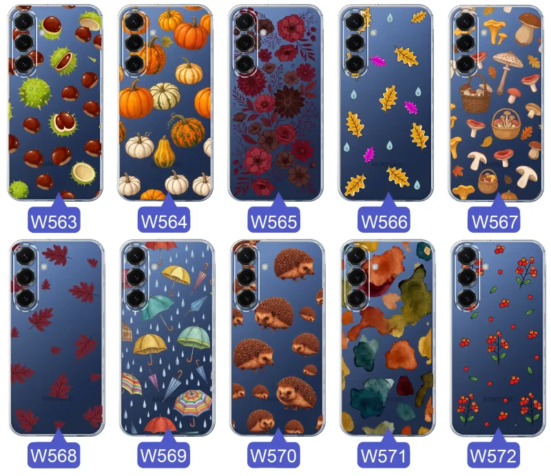 Kolekcja jesiennych etui do Samsung Galaxy S25 z kolorowymi wzorami dyni, kasztanów, kwiatów, liści, grzybów i jeży