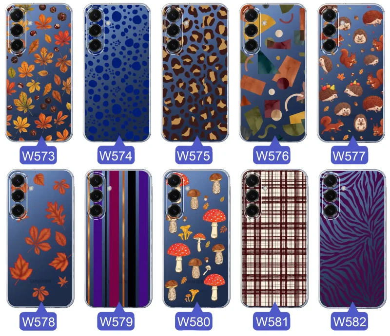 Przezroczyste etui do Samsung Galaxy S25 z jesiennymi wzorami: panterka, zebra, krata, paski i jesienne liście