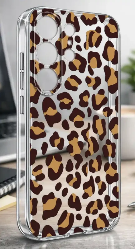 Etui Samsung Galaxy S26 Ultra 2 mm z brązowo-beżowym wzorem panterki na przezroczystej powierzchni