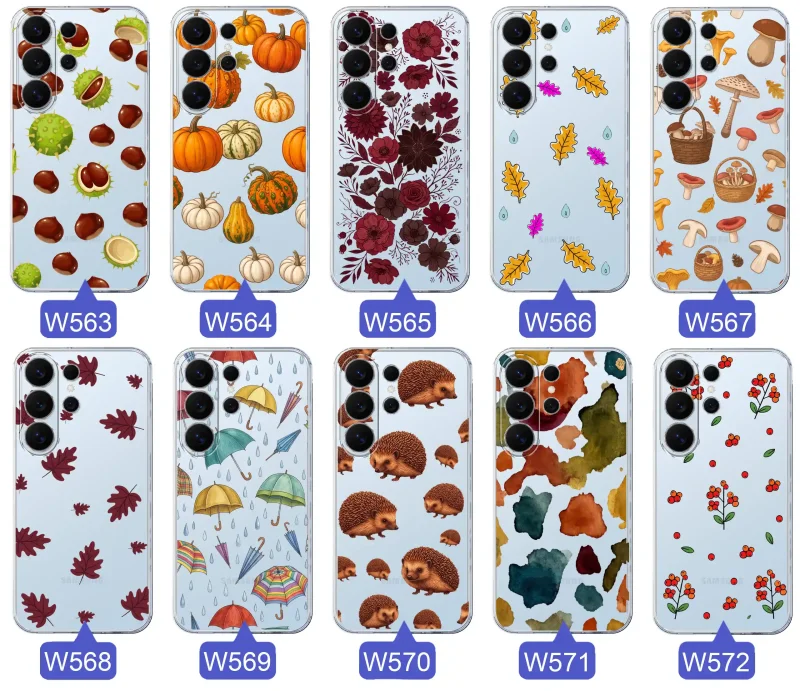 Kolekcja jesiennych etui do Samsung Galaxy S26 Ultra z kolorowymi wzorami dyni, kasztanów, kwiatów, liści, grzybów i jeży