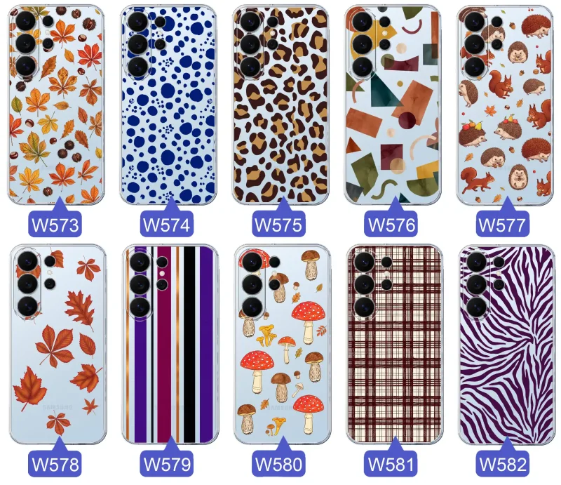 Przezroczyste etui do Samsung Galaxy S26 Ultra z jesiennymi wzorami: panterka, zebra, krata, paski i jesienne liście