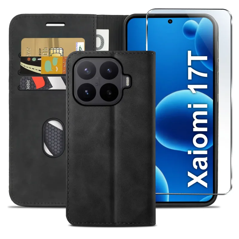 Czarne etui z klapką do Xiaomi 17T z trzema kieszonkami na karty, przegrodą na banknoty oraz szkłem hartowanym na ekran