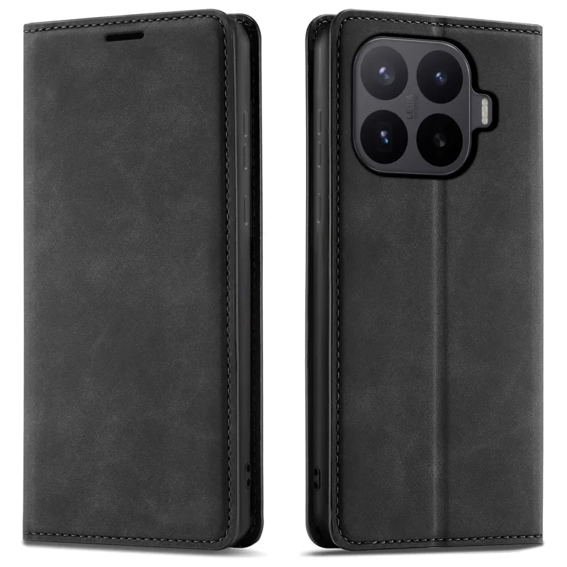 Czarne etui z klapką Velvet do Xiaomi 17T pokazane z przodu i z tyłu, z wycięciem na aparat oraz zamykaną konstrukcją