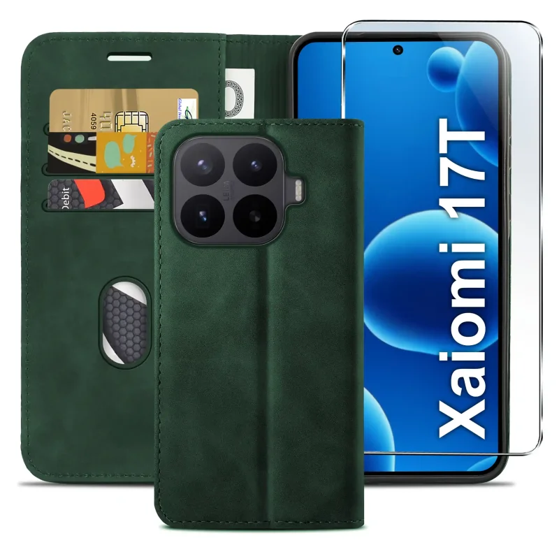 Zielone etui z klapką do Xiaomi 17T z trzema kieszonkami na karty, przegrodą na banknoty oraz szkłem hartowanym na ekran