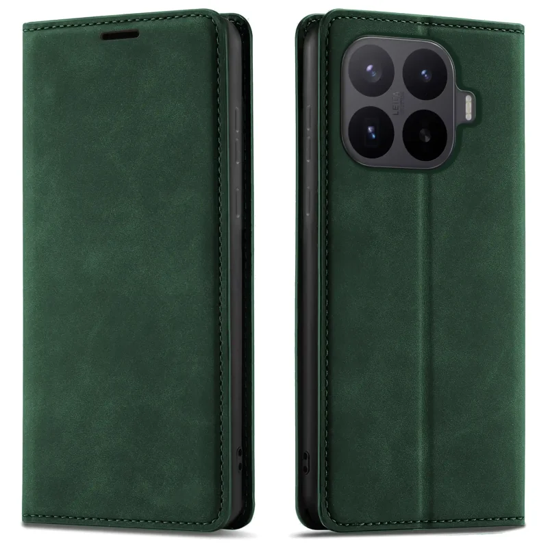 Zielone etui z klapką Velvet do Xiaomi 17T pokazane z przodu i z tyłu, z wycięciem na aparat oraz zamykaną konstrukcją