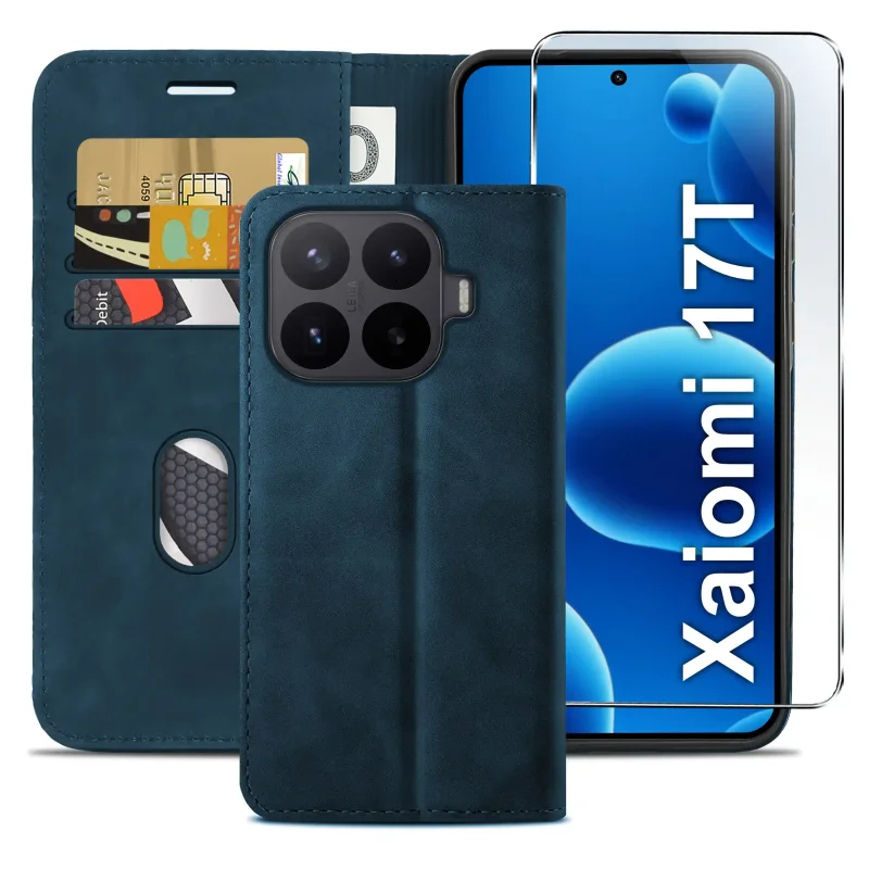 Granatowe etui z klapką do Xiaomi 17T z trzema kieszonkami na karty, przegrodą na banknoty oraz szkłem hartowanym na ekran