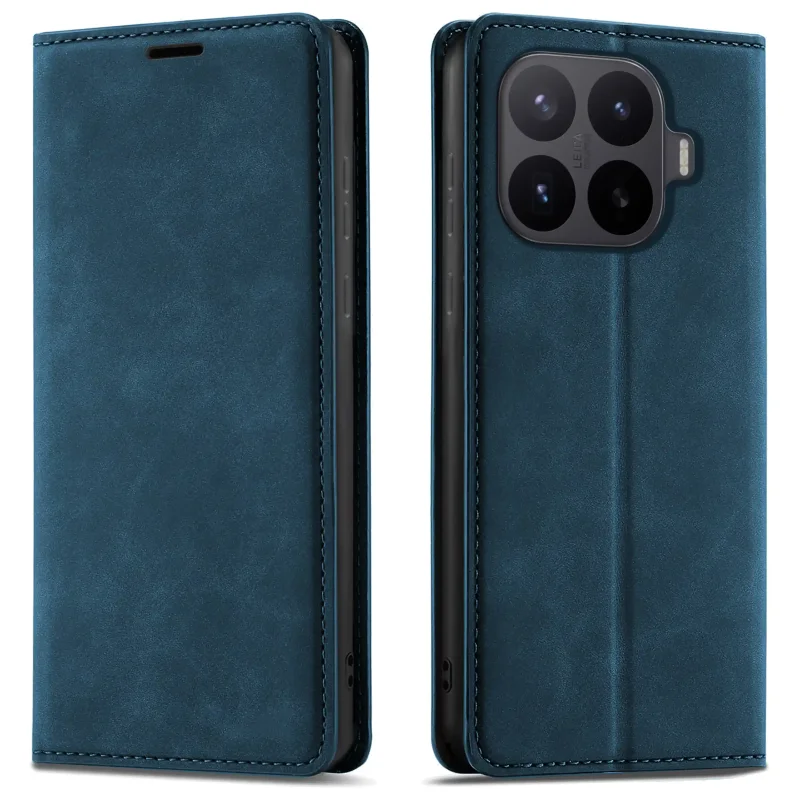 Granatowe etui z klapką Velvet do Xiaomi 17T pokazane z przodu i z tyłu, z wycięciem na aparat oraz zamykaną konstrukcją
