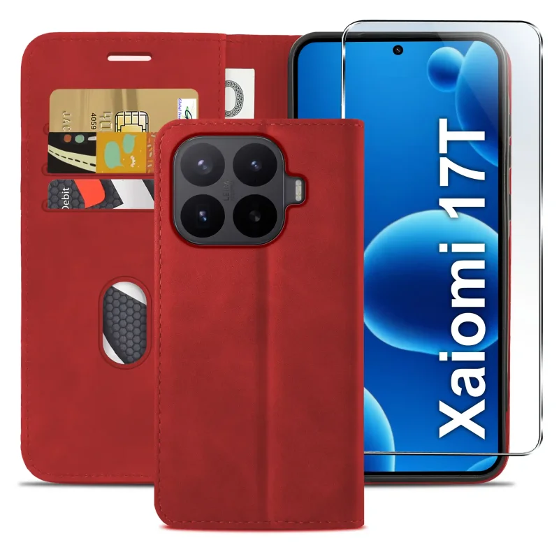 Czerwone etui z klapką do Xiaomi 17T z trzema kieszonkami na karty, przegrodą na banknoty oraz szkłem hartowanym na ekran