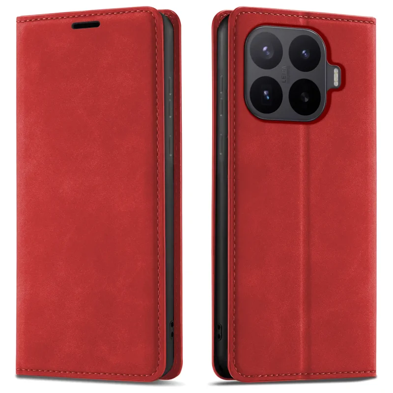 Czerwone etui z klapką Velvet do Xiaomi 17T pokazane z przodu i z tyłu, z wycięciem na aparat oraz zamykaną konstrukcją