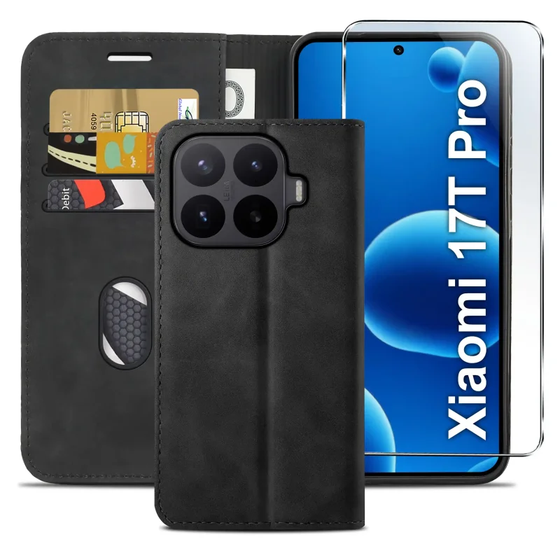 Czarne etui z klapką do Xiaomi 17T Pro z trzema kieszonkami na karty, przegrodą na banknoty oraz szkłem hartowanym na ekran
