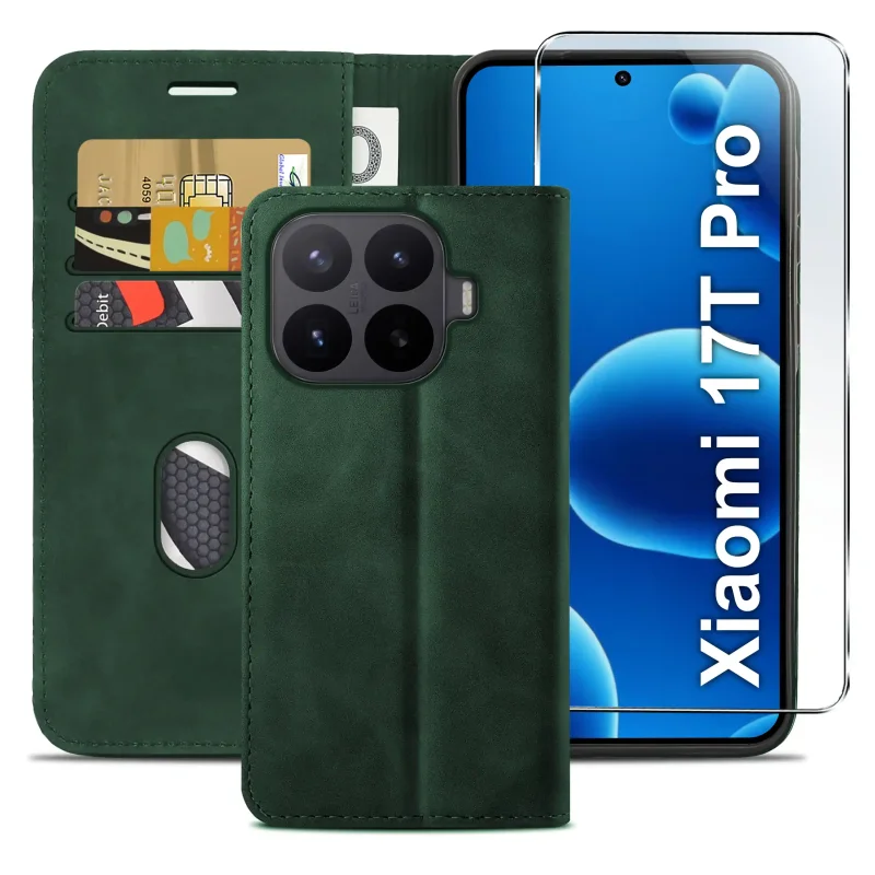 Zielone etui z klapką do Xiaomi 17T Pro z trzema kieszonkami na karty, przegrodą na banknoty oraz szkłem hartowanym na ekran