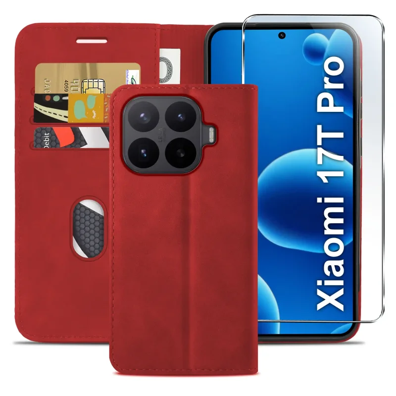 Czerwone etui z klapką do Xiaomi 17T Pro z trzema kieszonkami na karty, przegrodą na banknoty oraz szkłem hartowanym na ekran