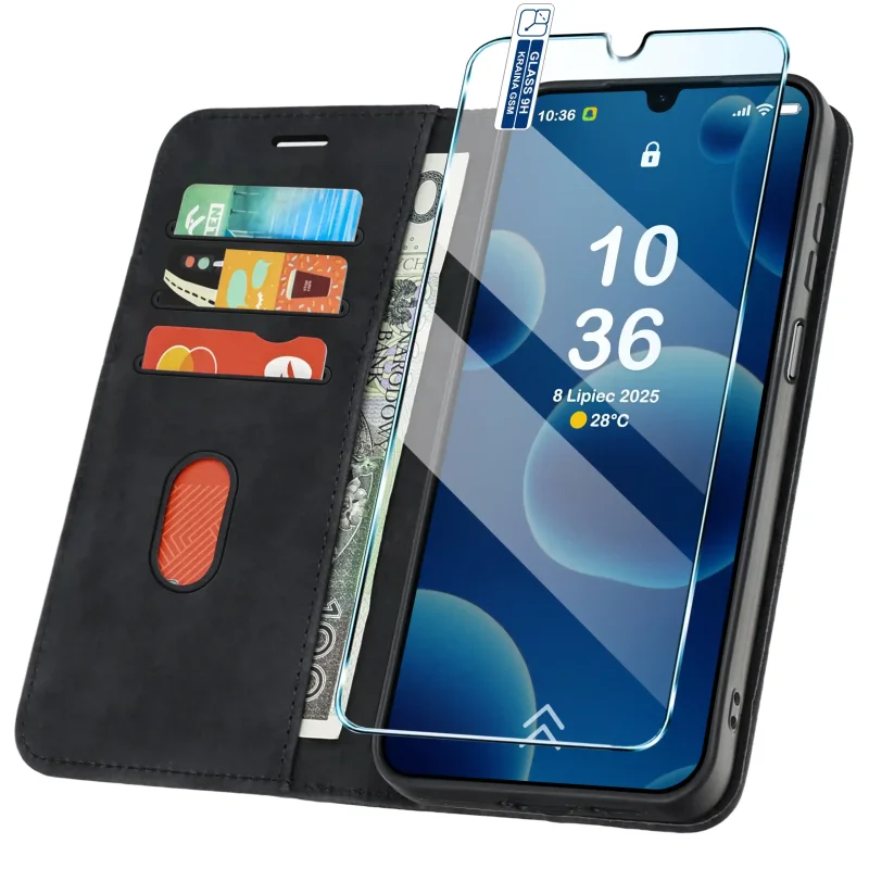 Czarne etui portfelowe Velvet do Xiaomi Redmi A7 Pro z kieszonkami na karty, przegrodą na banknoty i szkłem hartowanym w zestawie