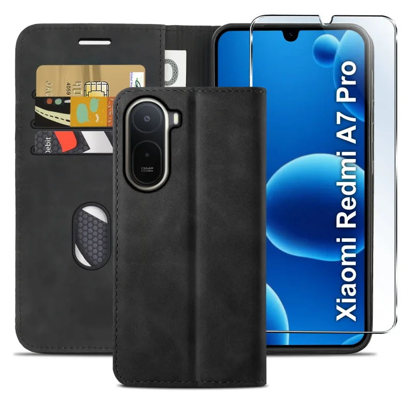 Czarne etui z klapką do Xiaomi Redmi A7 Pro z trzema kieszonkami na karty, przegrodą na banknoty oraz szkłem hartowanym na ekran