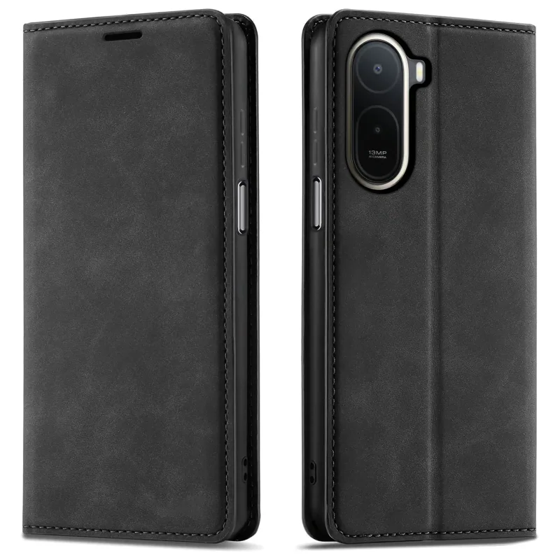 Czarne etui z klapką Velvet do Xiaomi Redmi A7 Pro pokazane z przodu i z tyłu, z wycięciem na aparat oraz zamykaną konstrukcją