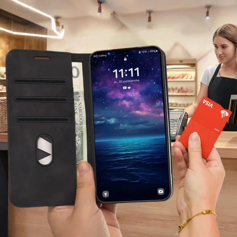 Czarne etui Velvet do Xiaomi Redmi A7 Pro trzymane w dłoni podczas płatności kartą, z widocznymi kieszonkami i przegrodą na banknot
